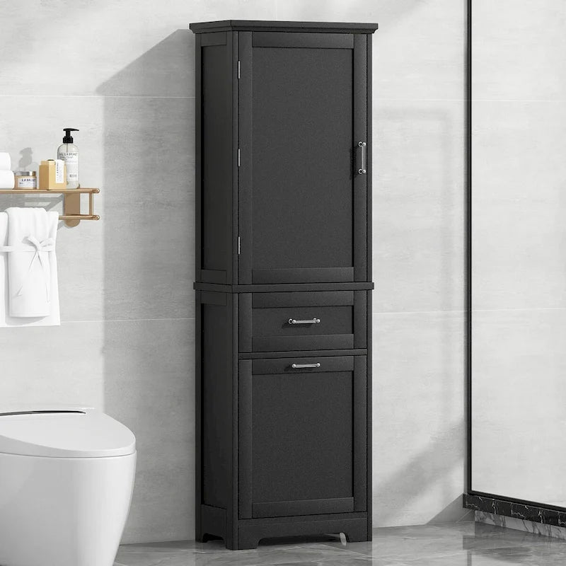 Armoire haute en lin gris / blanc / noir avec 2 tiroirs, étagère réglable et dispositif anti-basculement mural