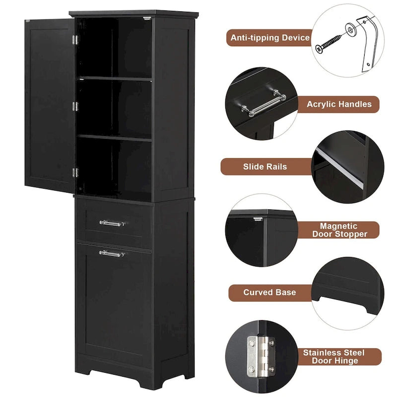 Armoire haute en lin gris / blanc / noir avec 2 tiroirs, étagère réglable et dispositif anti-basculement mural