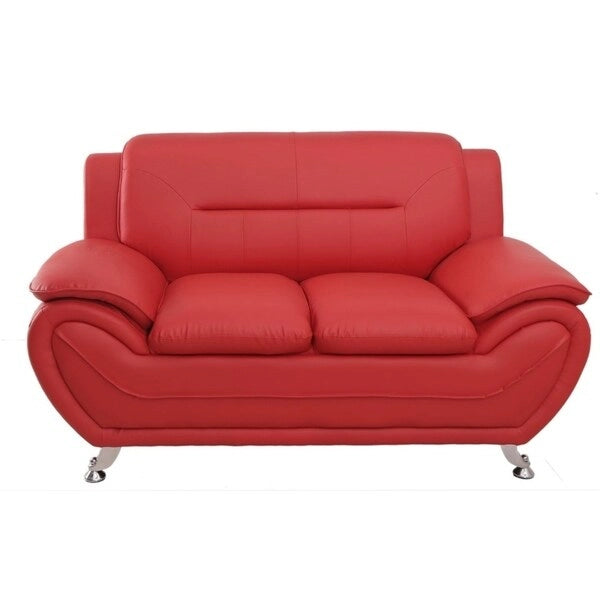 Causeuse moderne en similicuir crème/gris/rouge avec accoudoirs rembourrés et pieds en acier, 2 places