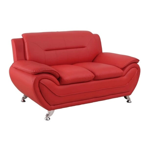 Causeuse moderne en similicuir crème/gris/rouge avec accoudoirs rembourrés et pieds en acier, 2 places