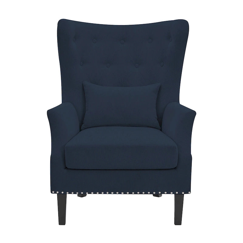 Fauteuil cabriolet en velours côtelé bleu myrtille / noir / blanc crème avec capitonnage et pieds en bois d'hévéa, simple