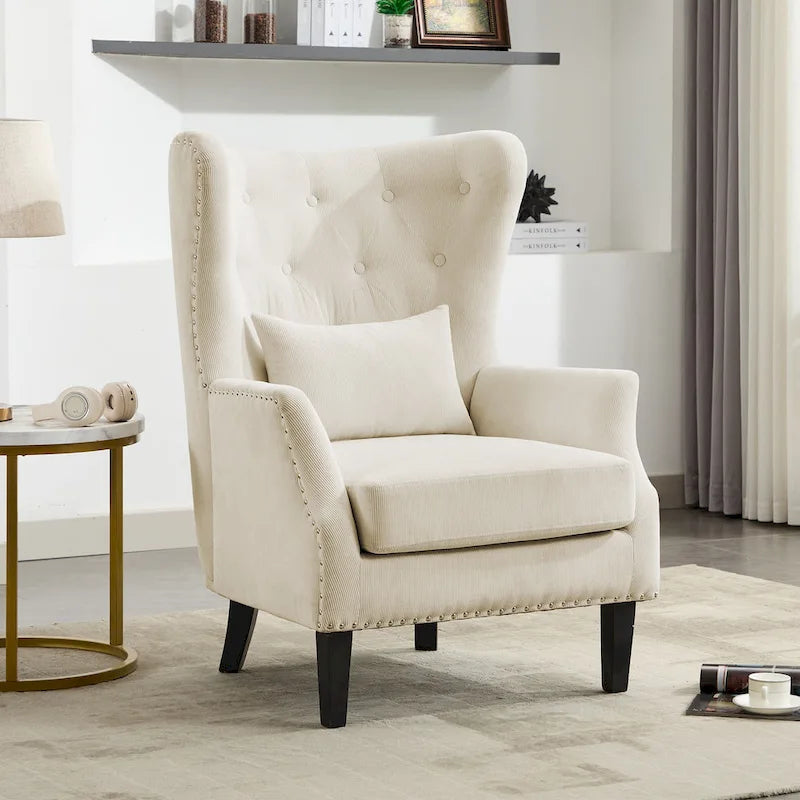 Fauteuil cabriolet en velours côtelé bleu myrtille / noir / blanc crème avec capitonnage et pieds en bois d'hévéa, simple