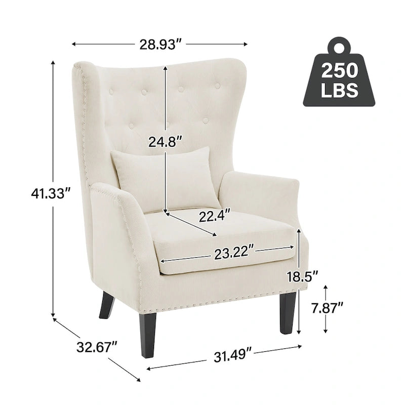 Fauteuil cabriolet en velours côtelé bleu myrtille / noir / blanc crème avec capitonnage et pieds en bois d'hévéa, simple