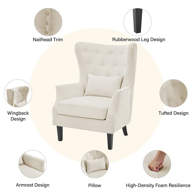 Fauteuil cabriolet en velours côtelé bleu myrtille / noir / blanc crème avec capitonnage et pieds en bois d'hévéa, simple