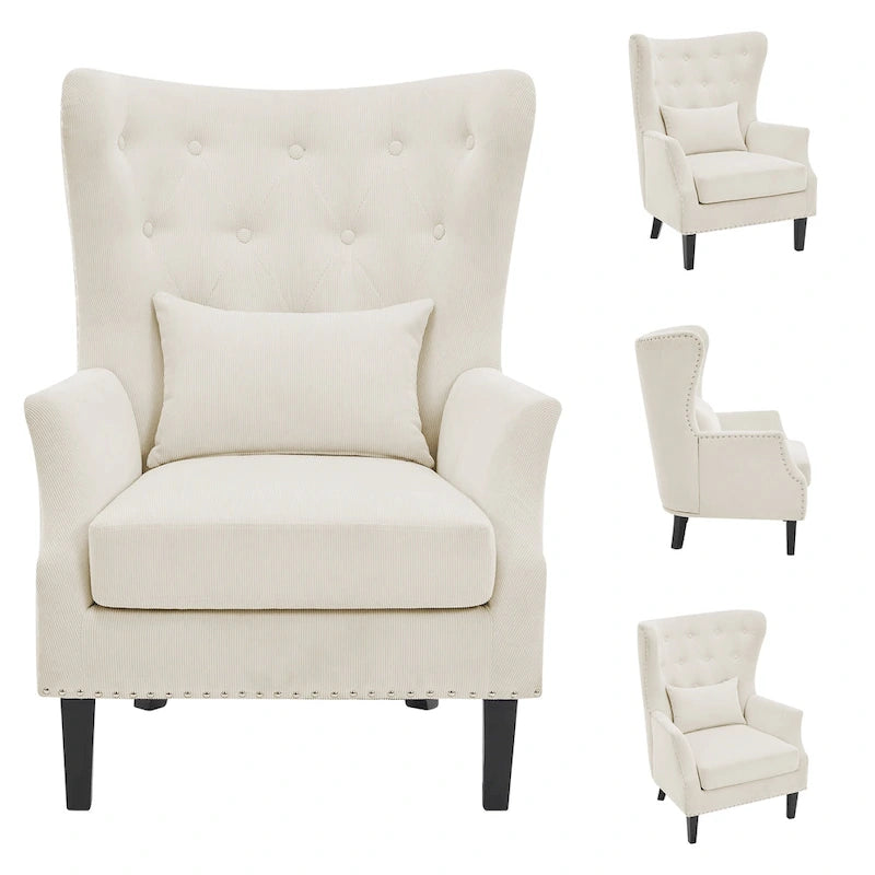 Fauteuil cabriolet en velours côtelé bleu myrtille / noir / blanc crème avec capitonnage et pieds en bois d'hévéa, simple