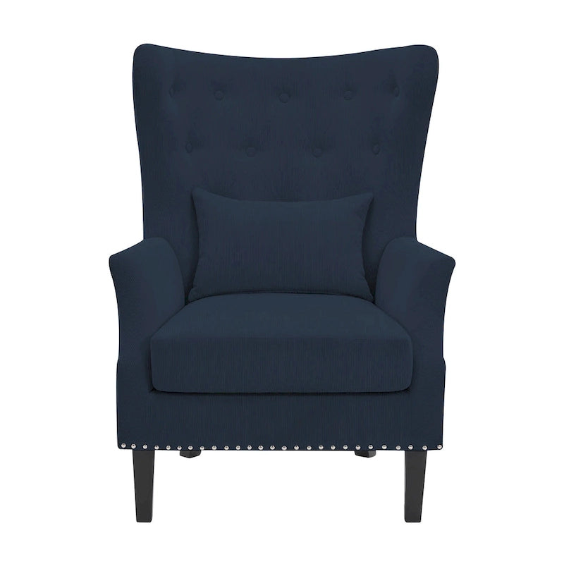 Fauteuil cabriolet en velours côtelé bleu myrtille / noir / blanc crème avec capitonnage et pieds en bois d'hévéa, simple
