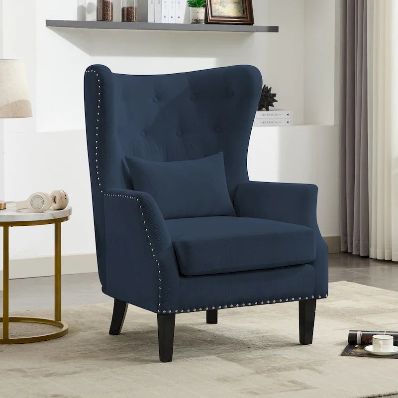 Fauteuil cabriolet en velours côtelé bleu myrtille / noir / blanc crème avec capitonnage et pieds en bois d'hévéa, simple