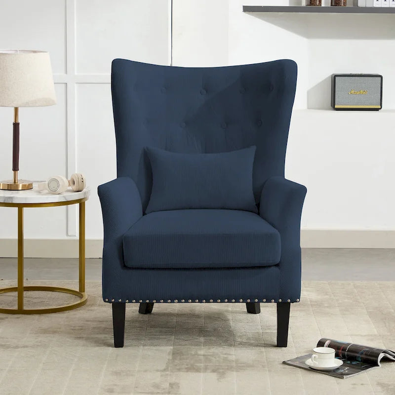 Fauteuil cabriolet en velours côtelé bleu myrtille / noir / blanc crème avec capitonnage et pieds en bois d'hévéa, simple