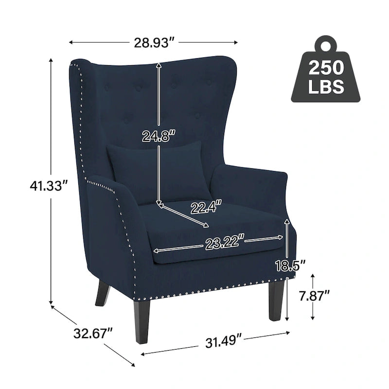 Fauteuil cabriolet en velours côtelé bleu myrtille / noir / blanc crème avec capitonnage et pieds en bois d'hévéa, simple