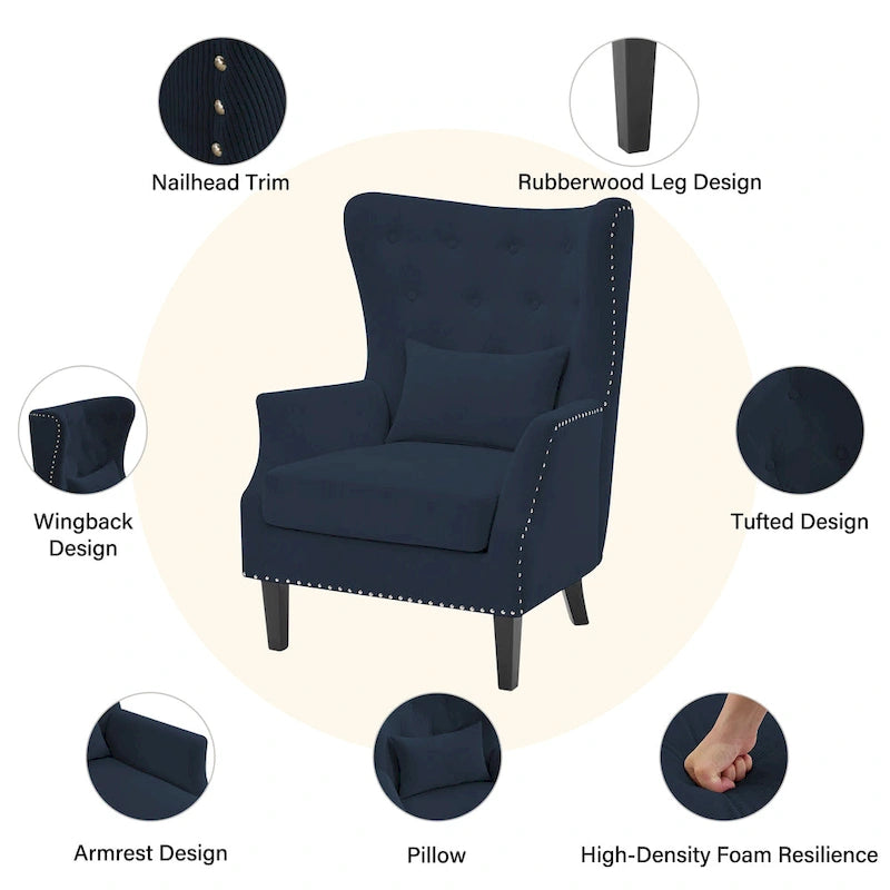 Fauteuil cabriolet en velours côtelé bleu myrtille / noir / blanc crème avec capitonnage et pieds en bois d'hévéa, simple