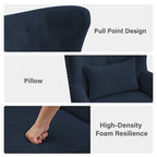 Fauteuil cabriolet en velours côtelé bleu myrtille / noir / blanc crème avec capitonnage et pieds en bois d'hévéa, simple