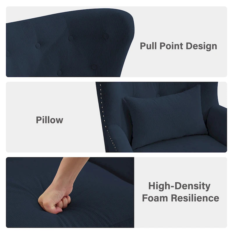 Fauteuil cabriolet en velours côtelé bleu myrtille / noir / blanc crème avec capitonnage et pieds en bois d'hévéa, simple