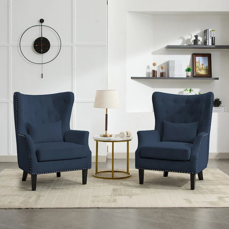 Fauteuil cabriolet en velours côtelé bleu myrtille / noir / blanc crème avec capitonnage et pieds en bois d'hévéa, simple