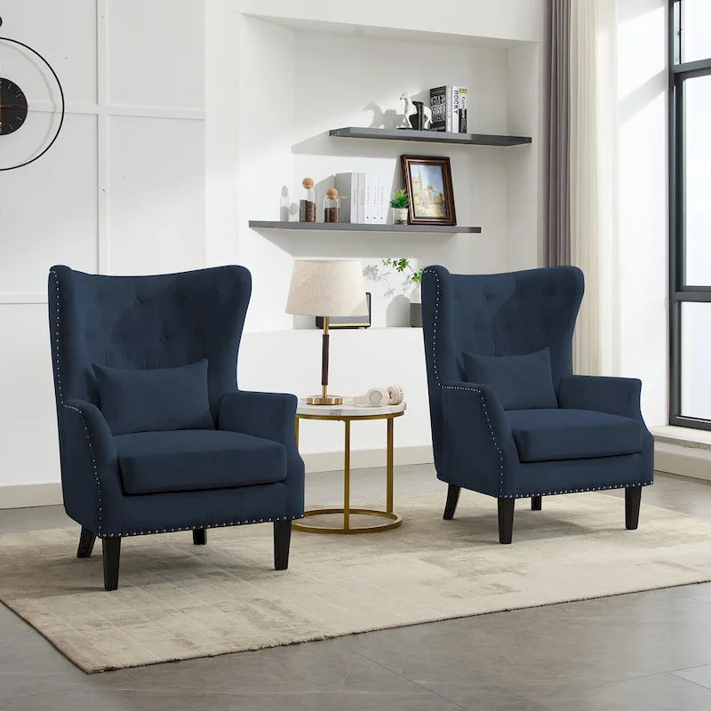 Fauteuil cabriolet en velours côtelé bleu myrtille / noir / blanc crème avec capitonnage et pieds en bois d'hévéa, simple