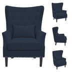 Fauteuil cabriolet en velours côtelé bleu myrtille / noir / blanc crème avec capitonnage et pieds en bois d'hévéa, simple