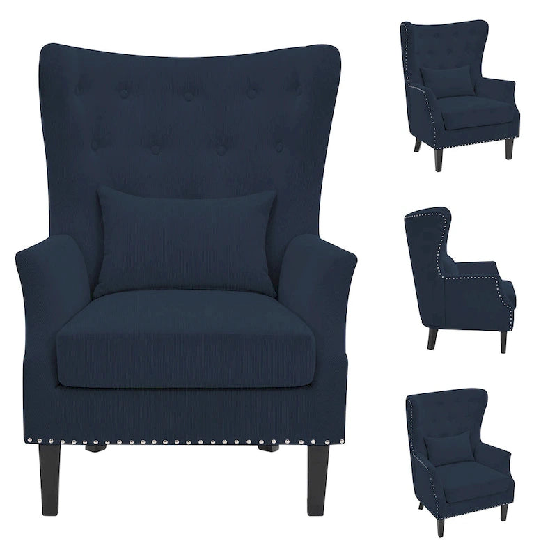 Fauteuil cabriolet en velours côtelé bleu myrtille / noir / blanc crème avec capitonnage et pieds en bois d'hévéa, simple