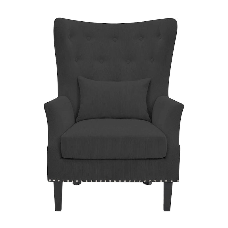 Fauteuil cabriolet en velours côtelé bleu myrtille / noir / blanc crème avec capitonnage et pieds en bois d'hévéa, simple