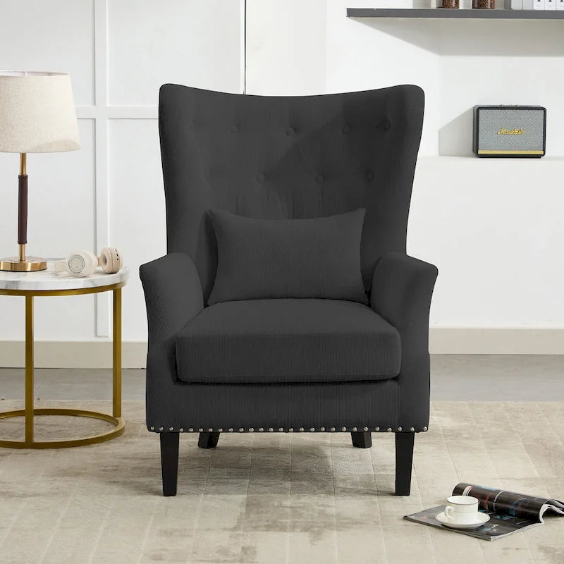 Fauteuil cabriolet en velours côtelé bleu myrtille / noir / blanc crème avec capitonnage et pieds en bois d'hévéa, simple