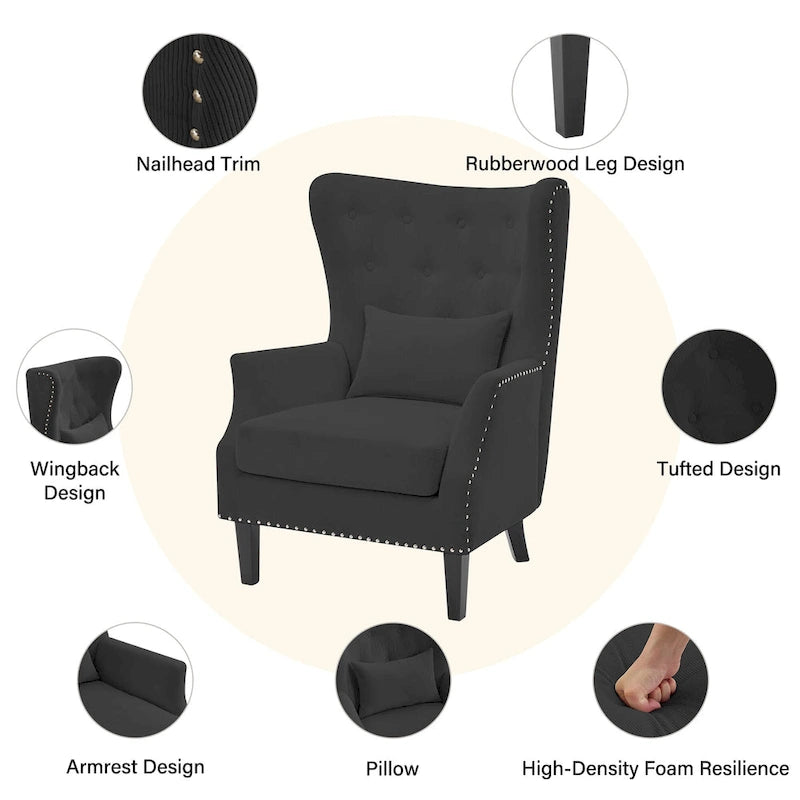Fauteuil cabriolet en velours côtelé bleu myrtille / noir / blanc crème avec capitonnage et pieds en bois d'hévéa, simple