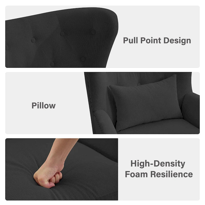 Fauteuil cabriolet en velours côtelé bleu myrtille / noir / blanc crème avec capitonnage et pieds en bois d'hévéa, simple