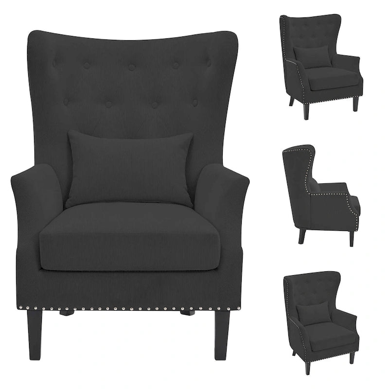 Fauteuil cabriolet en velours côtelé bleu myrtille / noir / blanc crème avec capitonnage et pieds en bois d'hévéa, simple