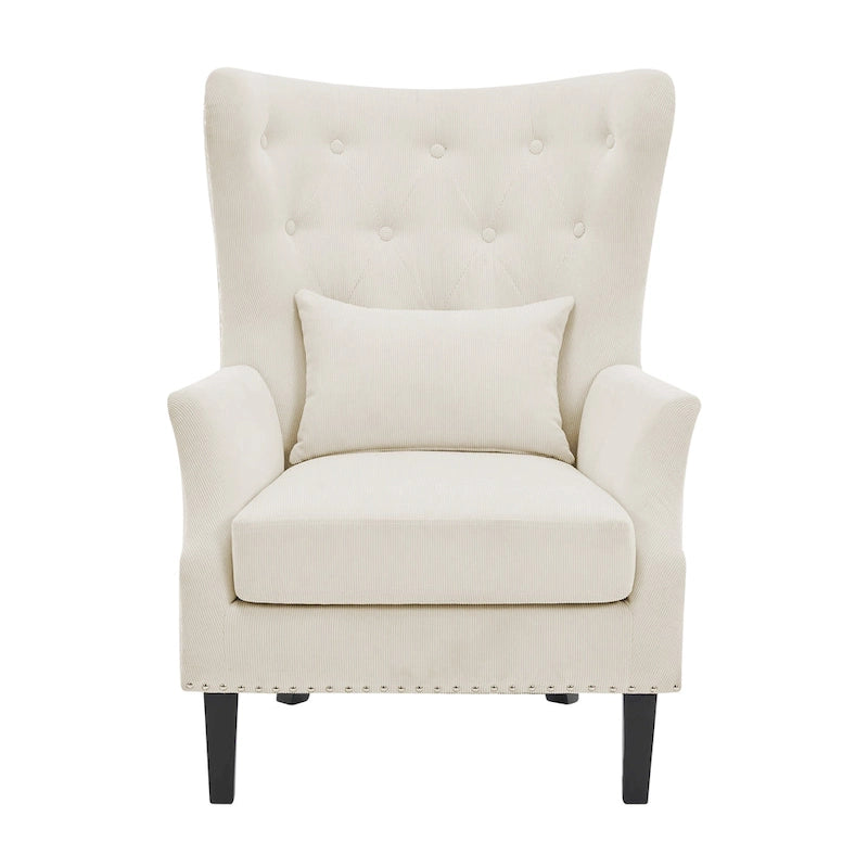 Fauteuil cabriolet en velours côtelé bleu myrtille / noir / blanc crème avec capitonnage et pieds en bois d'hévéa, simple