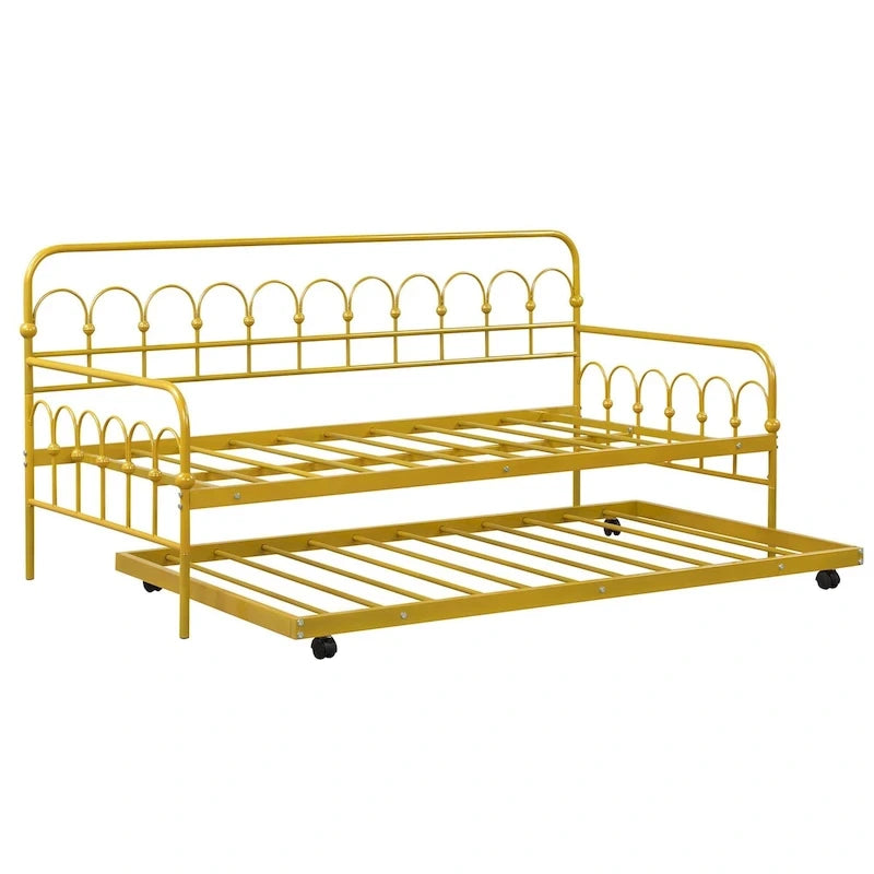 Lit de repos double en métal avec lit gigogne et roulettes verrouillables, doré, pour 2