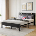 Lit plateforme Queen avec tête de lit de rangement et station de charge, Noir, Pour 2