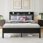 Lit plateforme Queen avec tête de lit de rangement et station de charge, Noir, Pour 2