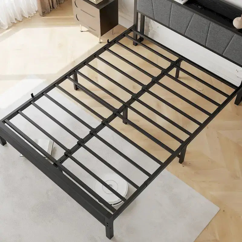Lit plateforme Queen avec tête de lit de rangement et station de charge, Noir, Pour 2
