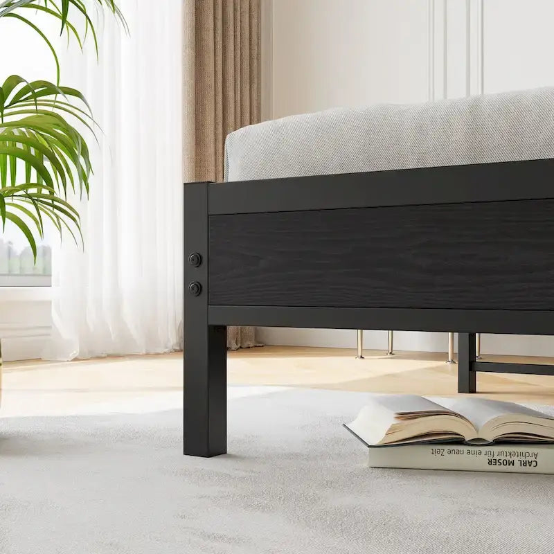 Lit plateforme Queen avec tête de lit de rangement et station de charge, Noir, Pour 2