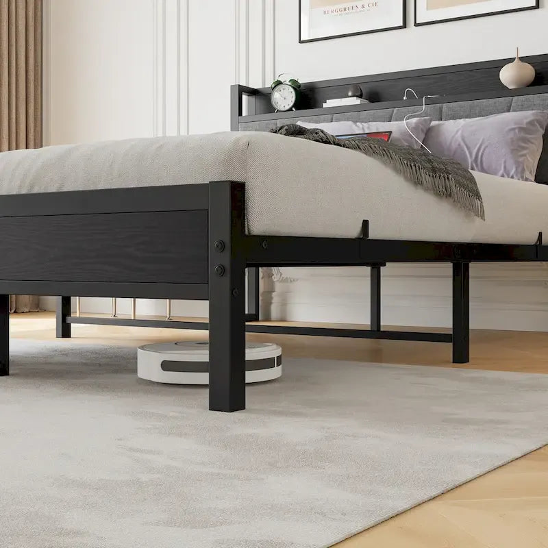 Lit plateforme Queen avec tête de lit de rangement et station de charge, Noir, Pour 2