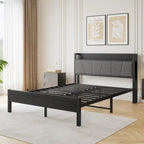 Lit plateforme Queen avec tête de lit de rangement et station de charge, Noir, Pour 2