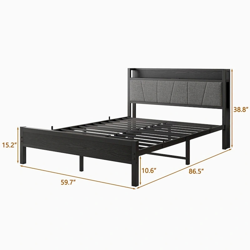 Lit plateforme Queen avec tête de lit de rangement et station de charge, Noir, Pour 2