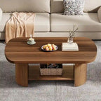 Table Basse Ovale Deux Niveaux Mid-Century Marron avec Base Cannelée et Étagère de Rangement