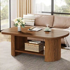 Table Basse Ovale Deux Niveaux Mid-Century Marron avec Base Cannelée et Étagère de Rangement
