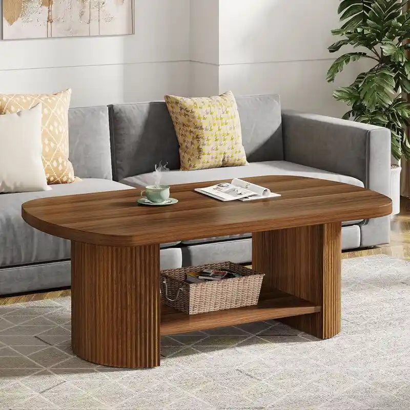 Table Basse Ovale Deux Niveaux Mid-Century Marron avec Base Cannelée et Étagère de Rangement
