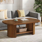 Table Basse Ovale Deux Niveaux Mid-Century Marron avec Base Cannelée et Étagère de Rangement
