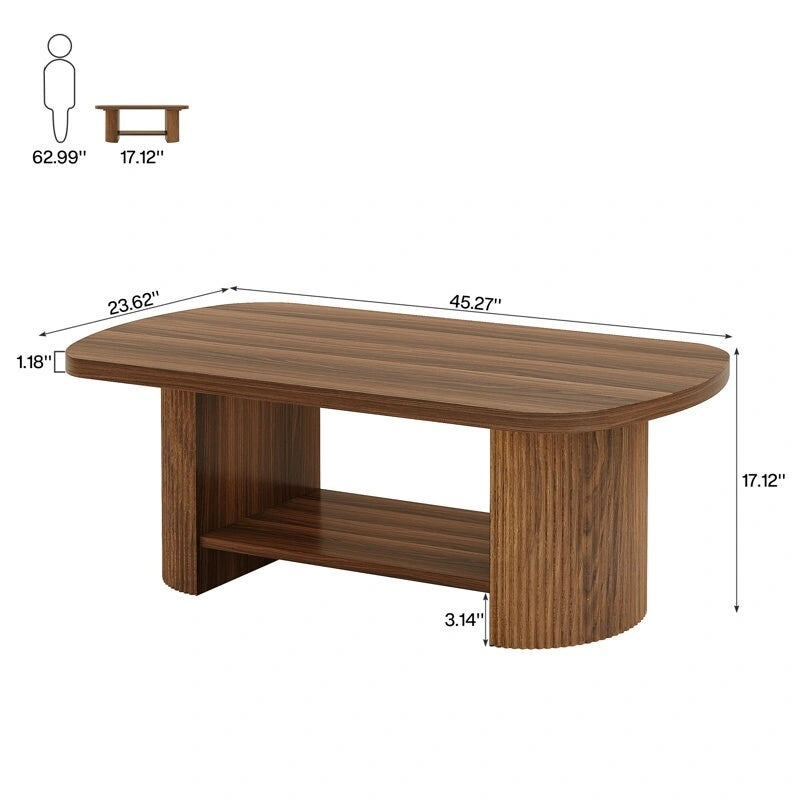 Table Basse Ovale Deux Niveaux Mid-Century Marron avec Base Cannelée et Étagère de Rangement
