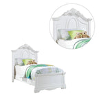 Lit en bois sculpté à tête de lit arquée, blanc, simple / double, pour 1-2 personnes