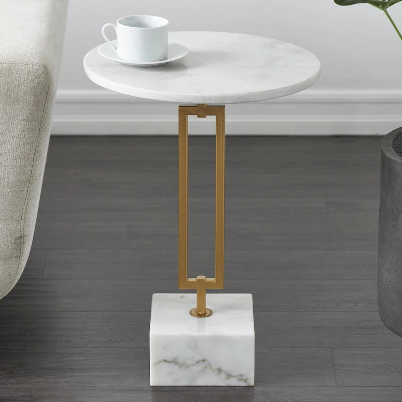 Table d'appoint ronde en marbre blanc avec support en métal doré